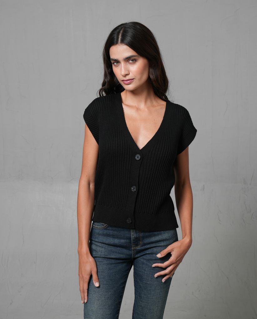 Chaleco acanalado de cuello en V para mujer