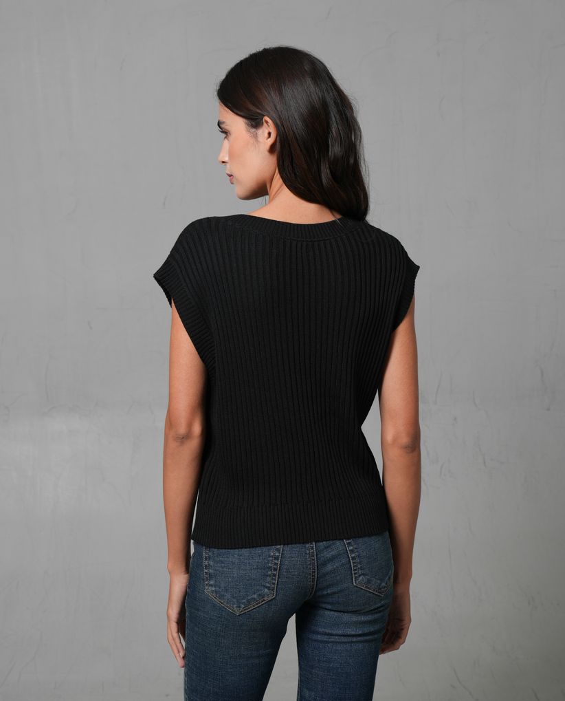 Chaleco acanalado de cuello en V para mujer