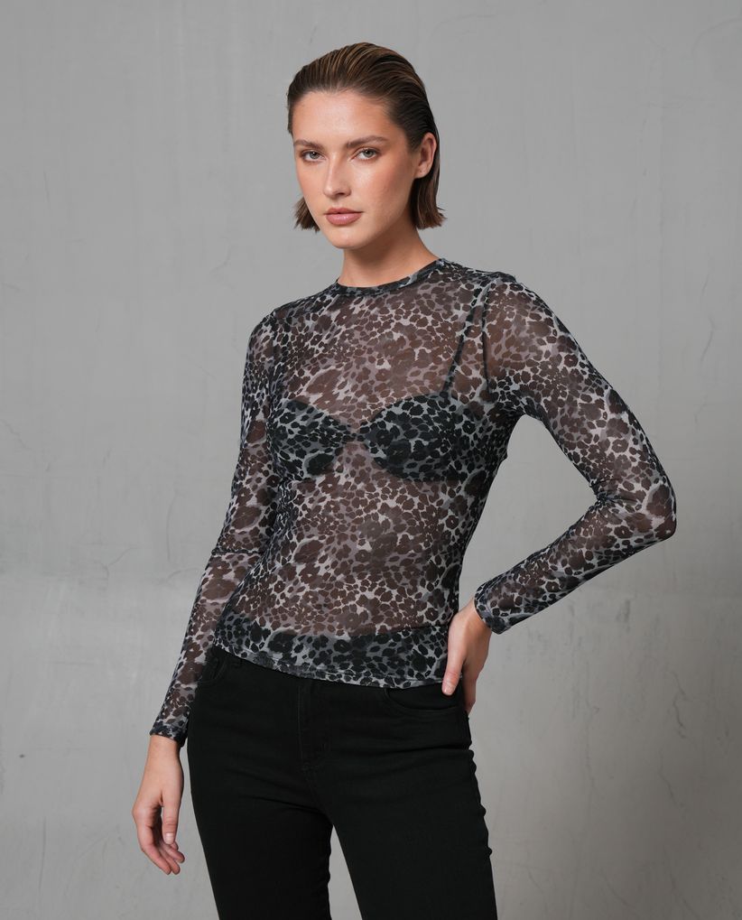 Camiseta ajustada con cuello redondo y animal print para mujer