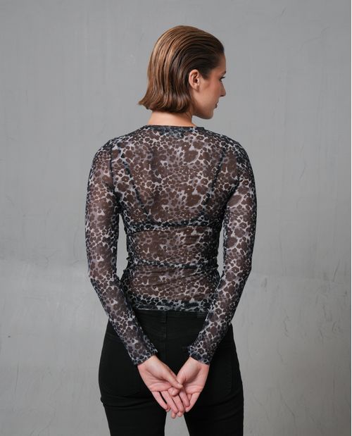 Camiseta ajustada con cuello redondo y animal print para mujer