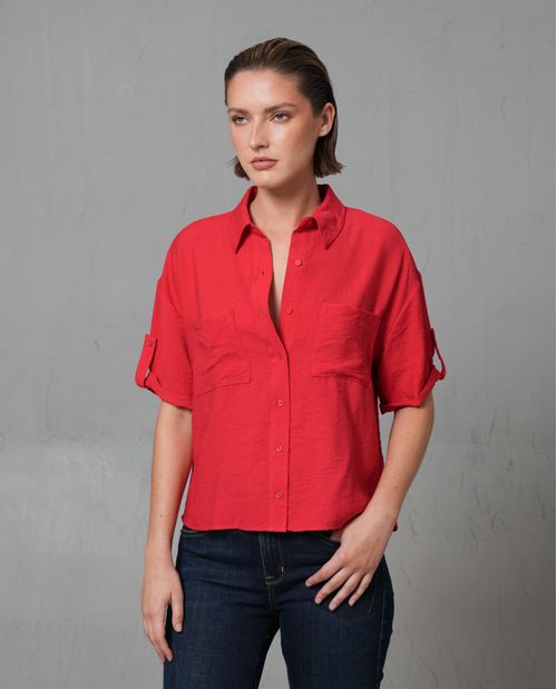 Camisa manga corta con cuello camisero para mujer