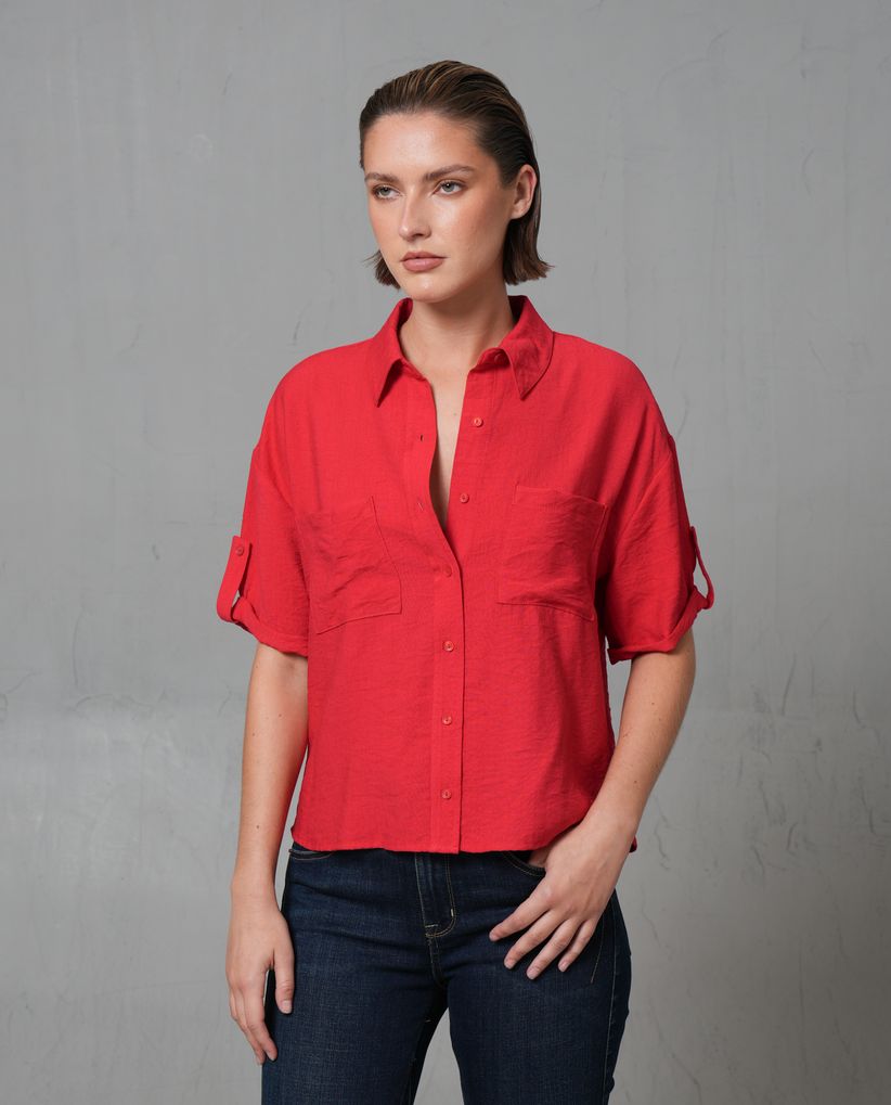 Camisa manga corta con cuello camisero para mujer