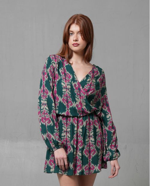 Vestido corto Full Print con escote en V para mujer