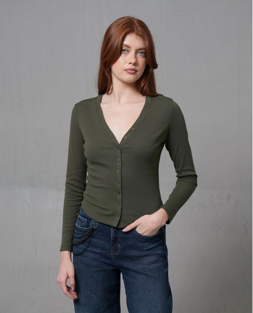 Camiseta manga larga con cuello en V para mujer