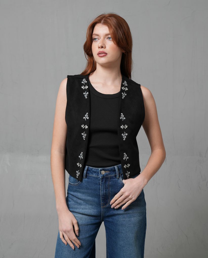 Chaleco abierto con bordado en lurex para mujer