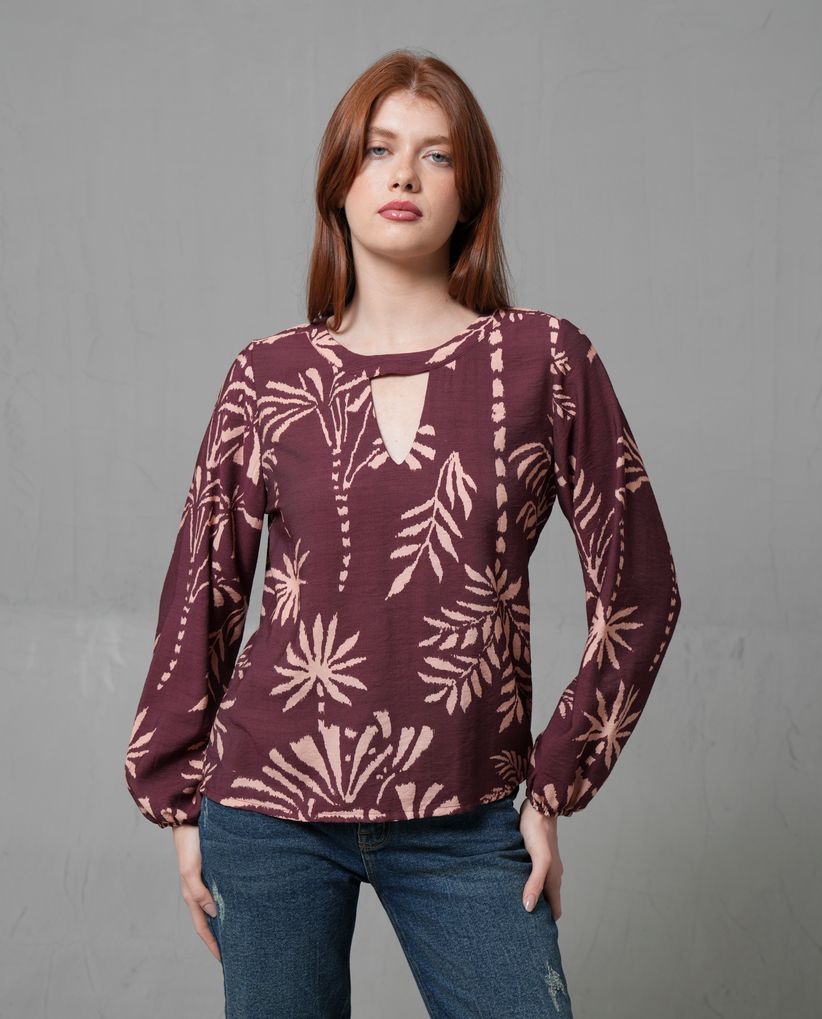 Camisa manga larga con diseño de palmeras para mujer