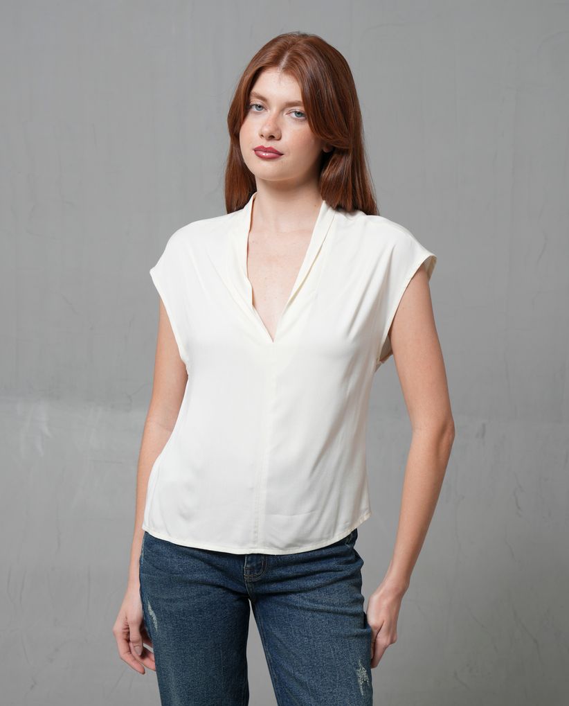 Camisa manga sisa con escote en V para mujer
