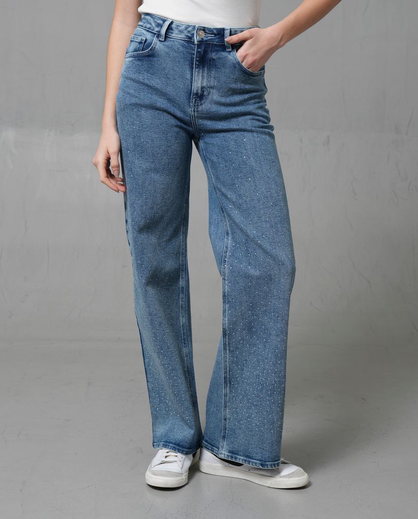 Jean Wide Leg tono claro con iluminaciones en muslos para mujer