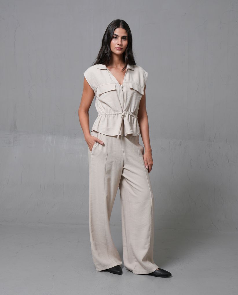 Pantalón bota recta con cintura enresortada para mujer