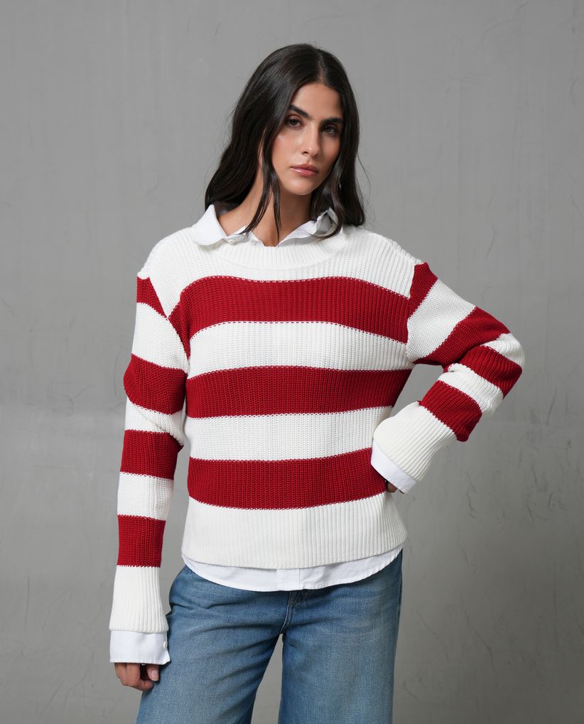 Buzo tejido con lineas horizontales en rojo para mujer