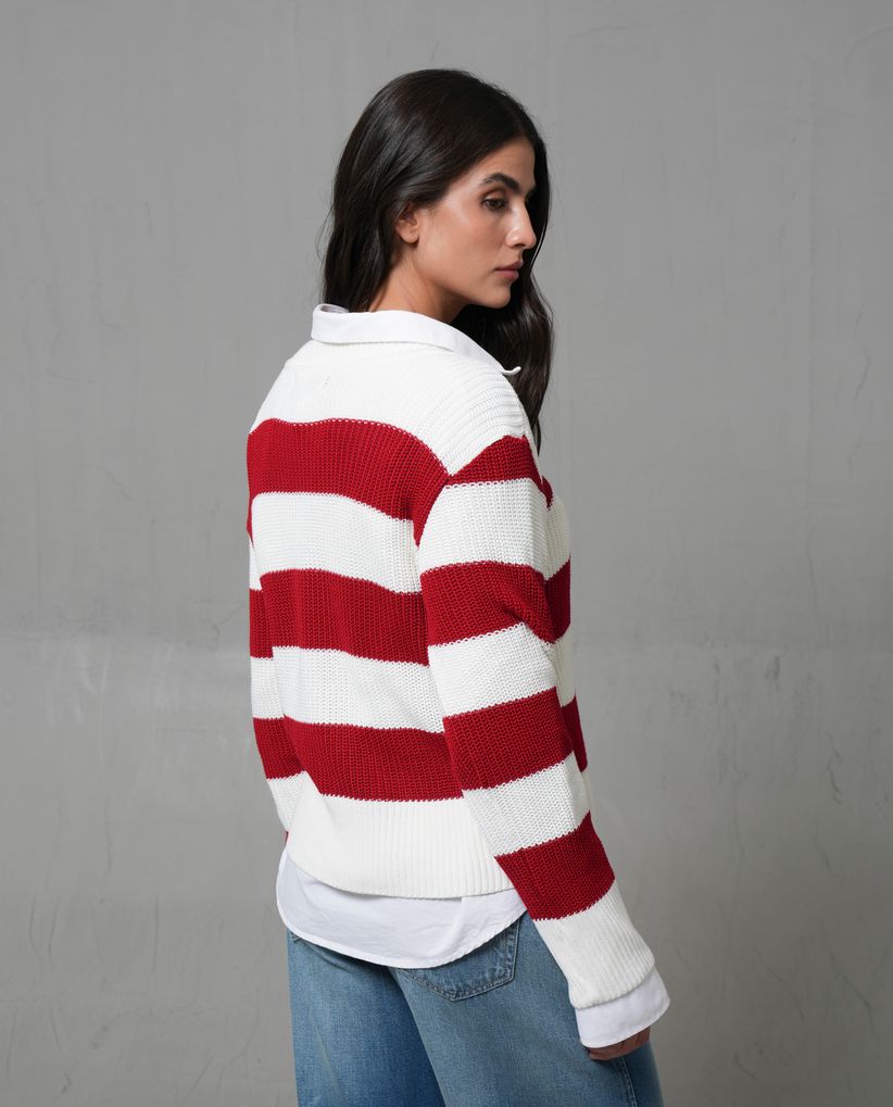 Buzo tejido con lineas horizontales en rojo para mujer