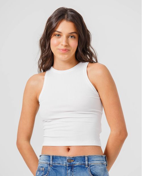 Camiseta para mujer manga sisa crop con diseño de canalé