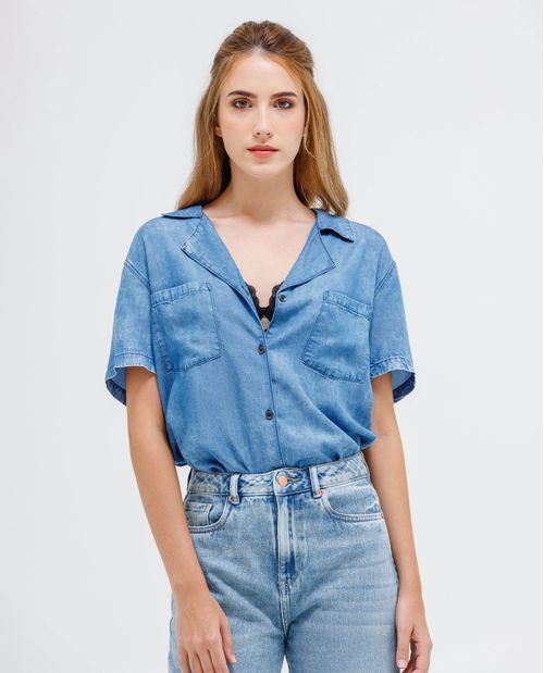 Camisa en denim manga corta para mujer