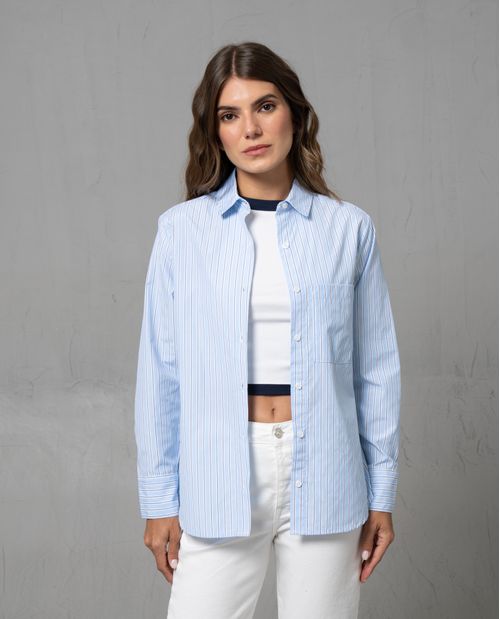 Camisa preteñida a rayas manga larga para mujer