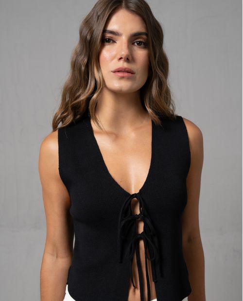 Chaleco tejido con amarres al frente para mujer