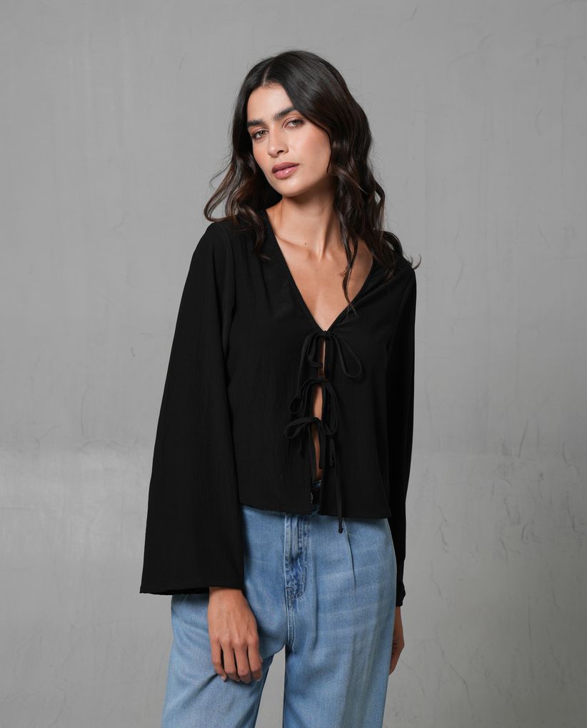 Camisa manga larga acampanada con tiras para mujer