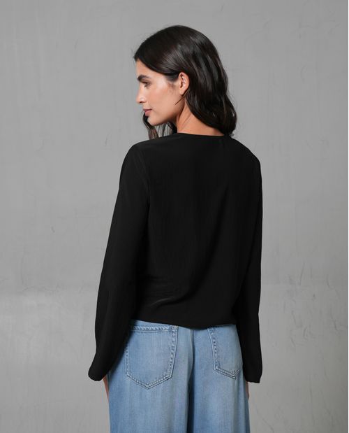 Camisa manga larga acampanada con tiras para mujer