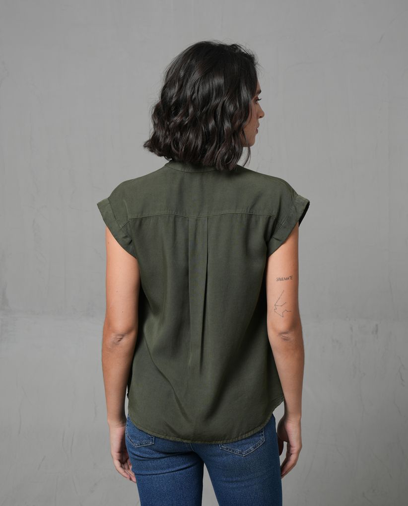 Camisa de manga rodada con escote en V para mujer