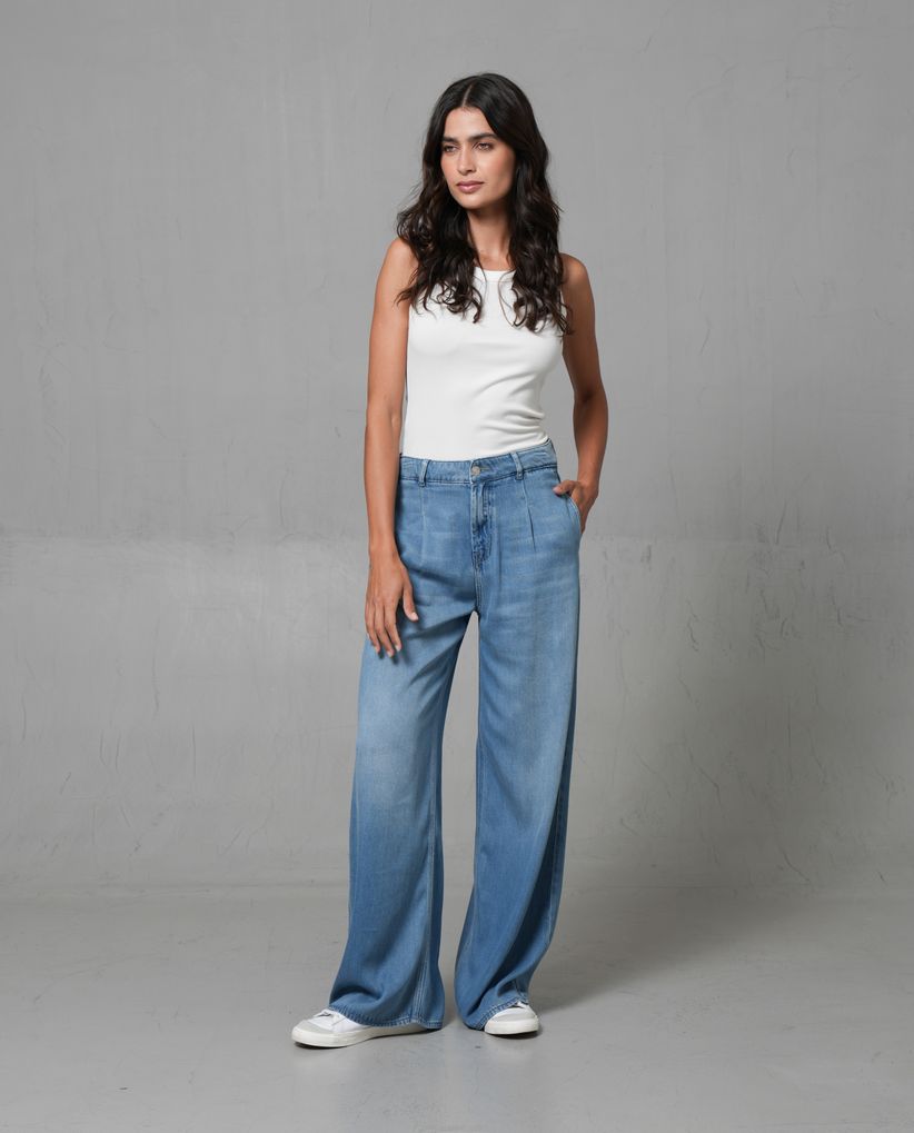 Jean Wide Leg con pinzas decorativas para mujer